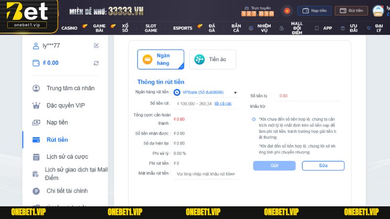 Chi tiết các bước để rút tiền Onebet theo phương thức ngân hàng