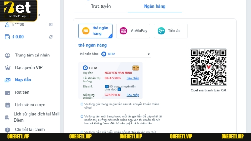 Giao diện nạp tiền ONEBET hiện đại, thân thiện